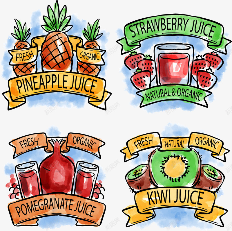 手绘夏日果汁png免抠素材_88icon https://88icon.com 猕猴桃汁 矢量素材 石榴汁 草莓汁 菠萝汁 鲜榨果汁