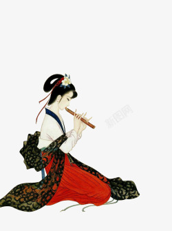 吹笛子的古典美女素材