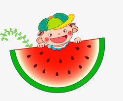 戴帽子的男孩吃西瓜的小男孩高清图片