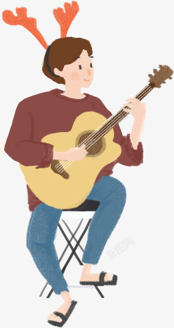 卡通手绘弹吉他的男孩素材