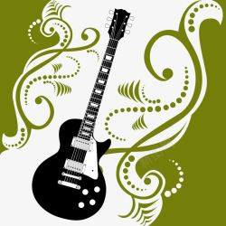 绿色花纹黑白剪影吉他素材