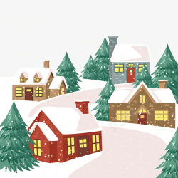 卡通雪中的圣诞夜小城素材