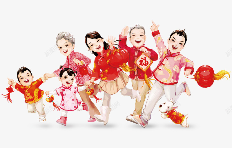 团团一家人png免抠素材_88icon https://88icon.com 2017 一家六口人 中国年 团圆 家人 恭贺新春 春节 水彩背景 鸡年