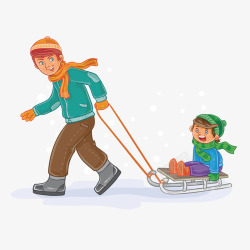 雪橇插画玩滑雪的父子俩高清图片