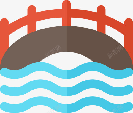 河道上的桥梁中式中国风红色桥梁图标图标