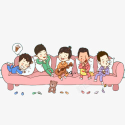 手绘五个男人在沙发上吃薯片睡觉素材