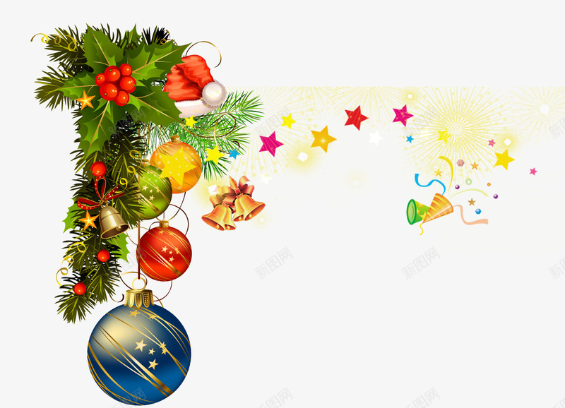 圣诞节彩带彩球装饰png免抠素材_88icon https://88icon.com 彩球装饰 悬挂的彩球 星星装饰 红色的果实 绿色的叶子 金色的铃铛