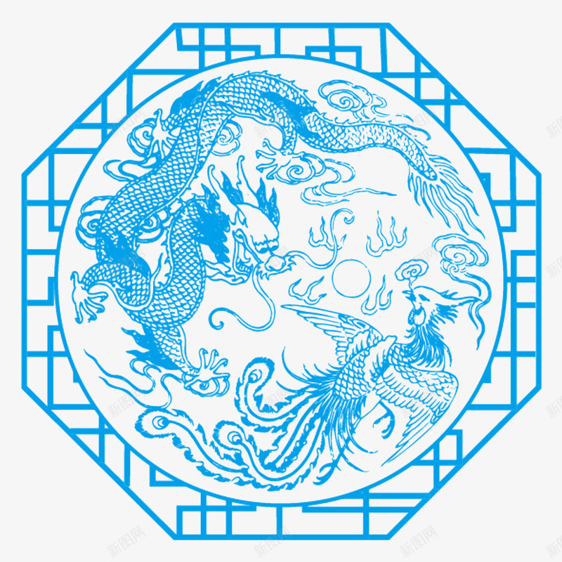 蓝色中式窗户龙凤雕花png免抠素材_88icon https://88icon.com 中国风 中式窗户 中式窗框 复古 木窗 窗子 花纹 边框 隔断