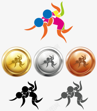 摔跤金银铜奖牌与体育运动图标图标