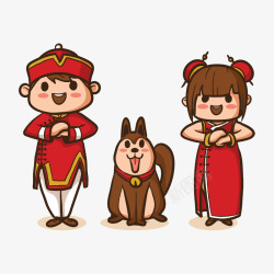 新年红色中国风餐饮业人物与狗矢量图素材