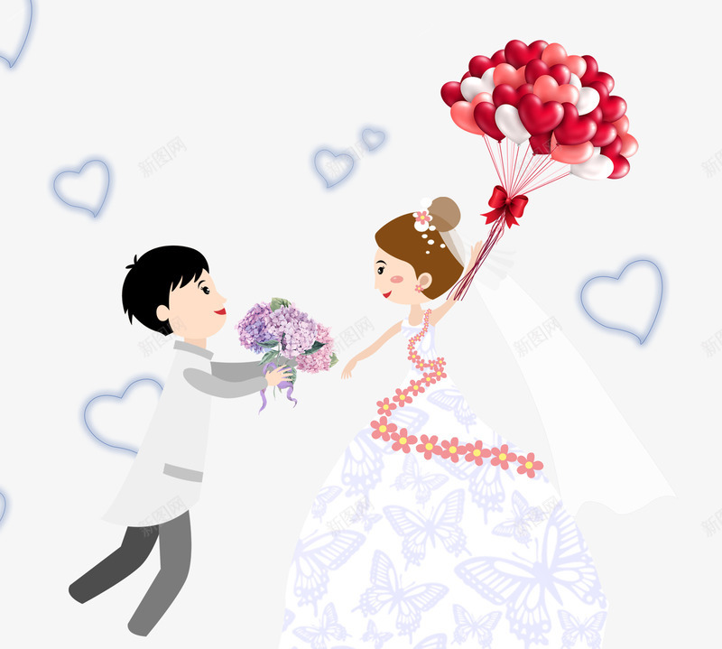 卡通结婚的新人psd免抠素材_88icon https://88icon.com 卡通 手捧花 爱心气球 爱心装饰 白色婚纱 结婚的新人