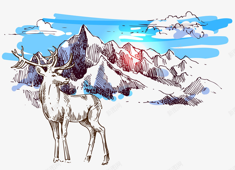 鹿和雪山png免抠素材_88icon https://88icon.com 动物 卡通 山 手绘 白色的 简图 蓝色的 雪山 鹿
