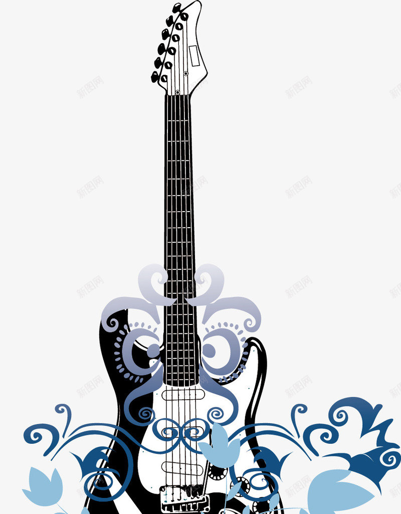 黑色吉他乐器蓝色花纹矢量图ai免抠素材_88icon https://88icon.com 乐器 乐器矢量 蓝色花纹矢量 黑色吉他 矢量图