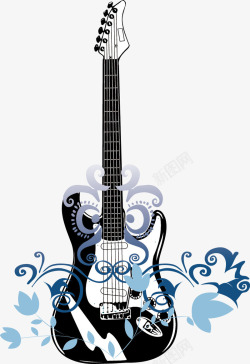 黑色吉他乐器蓝色花纹矢量图素材