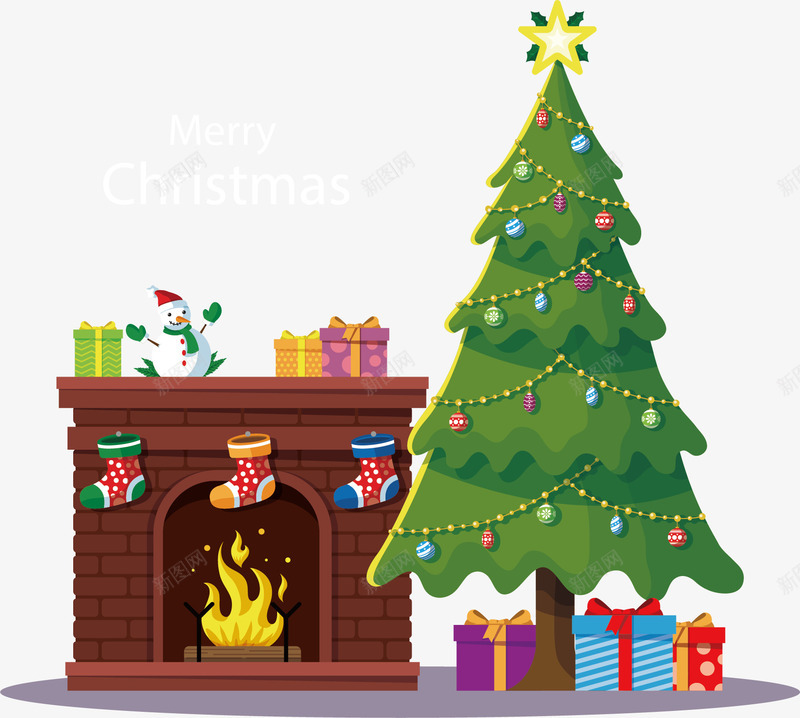 手绘圣诞树下的礼物矢量图ai免抠素材_88icon https://88icon.com 卡通 圣诞树 圣诞节 圣诞袜子 壁炉 手绘 神丹礼物 矢量图