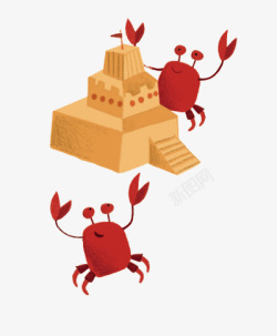 手绘螃蟹沙堆城堡素材