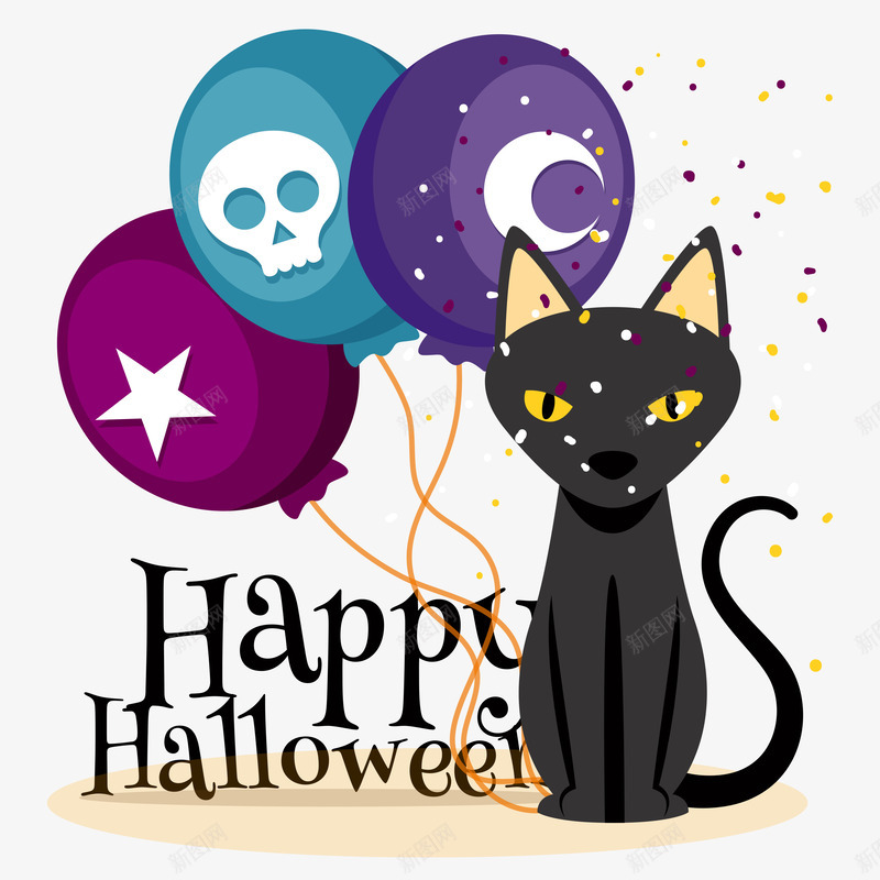 创意万圣节卡片png免抠素材_88icon https://88icon.com hallowee halloween 气球束黑猫幽灵万圣节贺卡happy