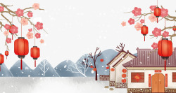 下雪的房子卡通春节回家过年高清图片