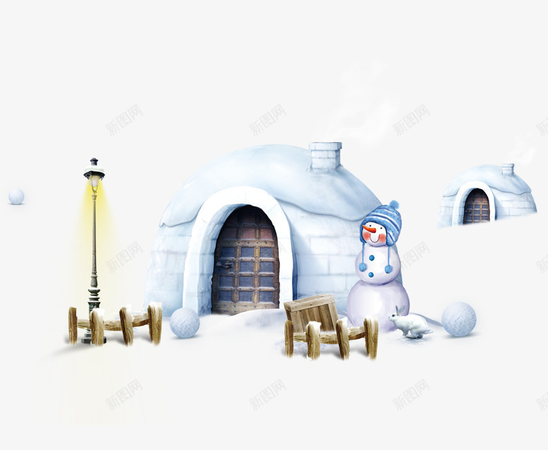 雪地上的房子和雪人psd免抠素材_88icon https://88icon.com 冬季素材 房子 积雪 路灯 雪人 雪球 雪花