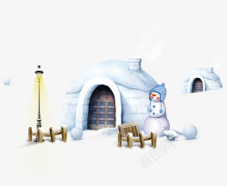 冬季路灯雪地上的房子和雪人高清图片