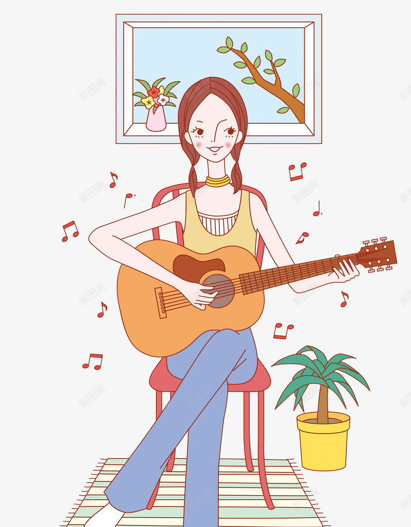 弹吉他的女孩png免抠素材_88icon https://88icon.com 乐器 卡通 吉他社海报 壁画 女孩 弹吉他 手绘 水彩 音符