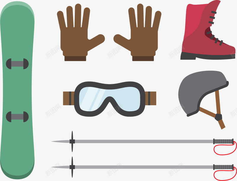 扁平滑雪装备矢量图ai免抠素材_88icon https://88icon.com 免扣png素材 免费png素材 手套 护目镜 滑雪板 皮靴 矢量图