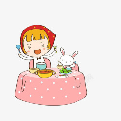 享受美食的女人插画小女孩小兔享受美食高清图片