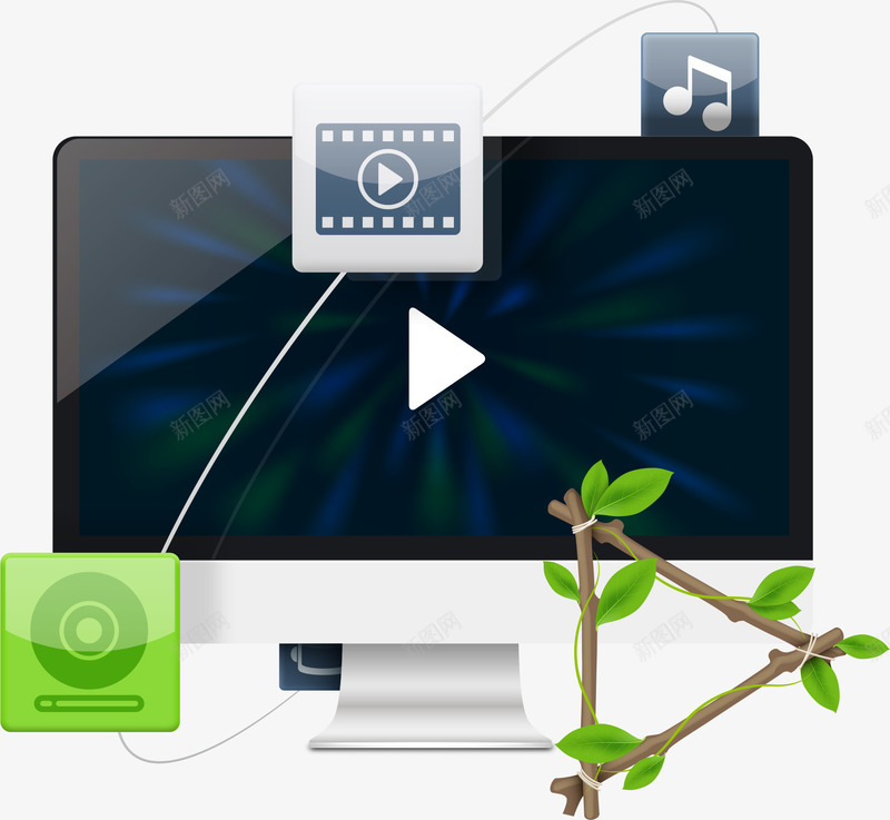 显示屏视频播放png免抠素材_88icon https://88icon.com 显示屏 树叶 树枝 绿叶 视频 视频播放 音符