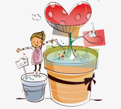 卡通手绘人物心形花卉盆载浇水素材
