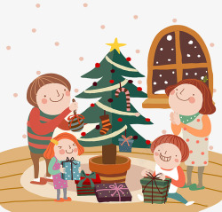 圣诞树标签平安夜温馨一家人高清图片