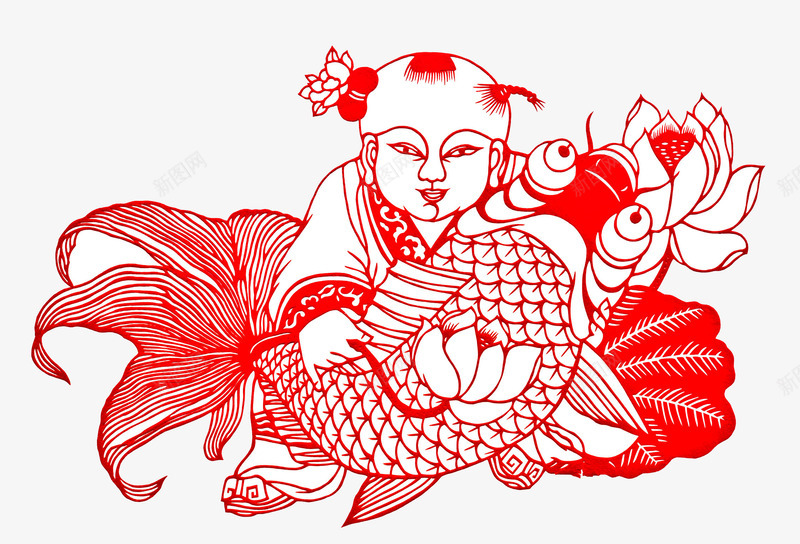 抱鱼的年画小孩png免抠素材_88icon https://88icon.com 中国风 儿童 创意 可爱 小孩 年画小孩 红色剪纸 装饰图案