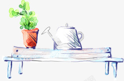 手绘水壶盆栽桌子素材