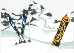 手绘雪山和滑雪板矢量图素材