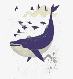 蓝色手绘中国风插画风鲸鱼素材