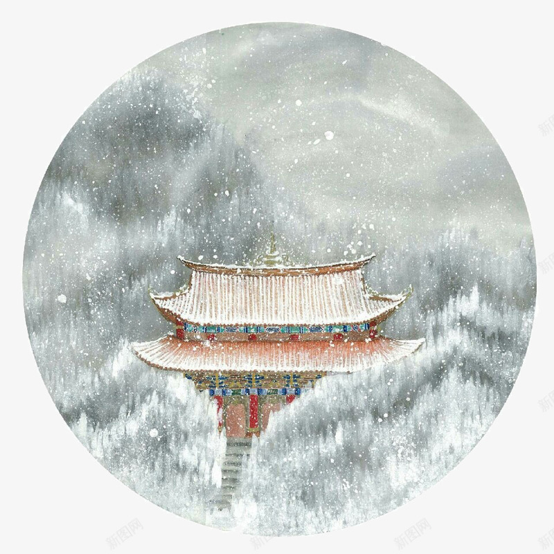 中国风建筑与雪景插画psd免抠素材_88icon https://88icon.com 国风 圆形插画 建筑 建筑插画 雪景