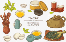 手绘茶叶和茶具素材