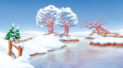 手绘冬季雪景河流素材