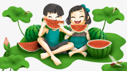 上吃西瓜的女孩卡通手绘坐在荷叶上吃西瓜的高清图片