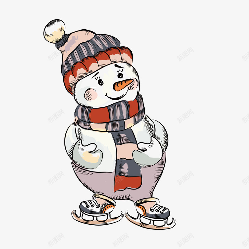 穿溜冰鞋的雪人手绘图png免抠素材_88icon https://88icon.com 下雪 冬季 卡通 可爱的 围巾 旱冰鞋 溜冰 雪人