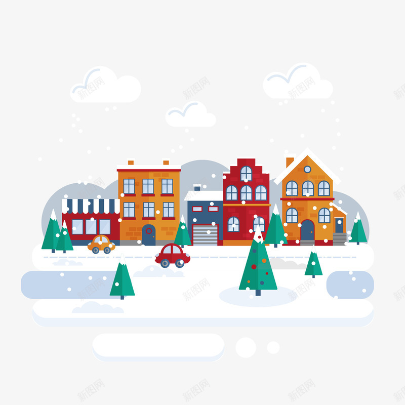 雪景插画矢量图ai免抠素材_88icon https://88icon.com 下雪 城市 建筑 扁平 矢量图