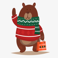 灰红色拿着购物袋的圣诞购物熊矢量图素材