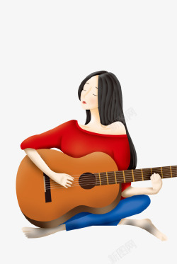 吉他少女卡通手绘唯美吉他少女插画高清图片