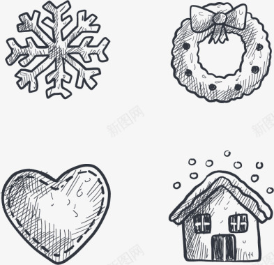 简单花环雪花素描圣诞节装饰图标图标