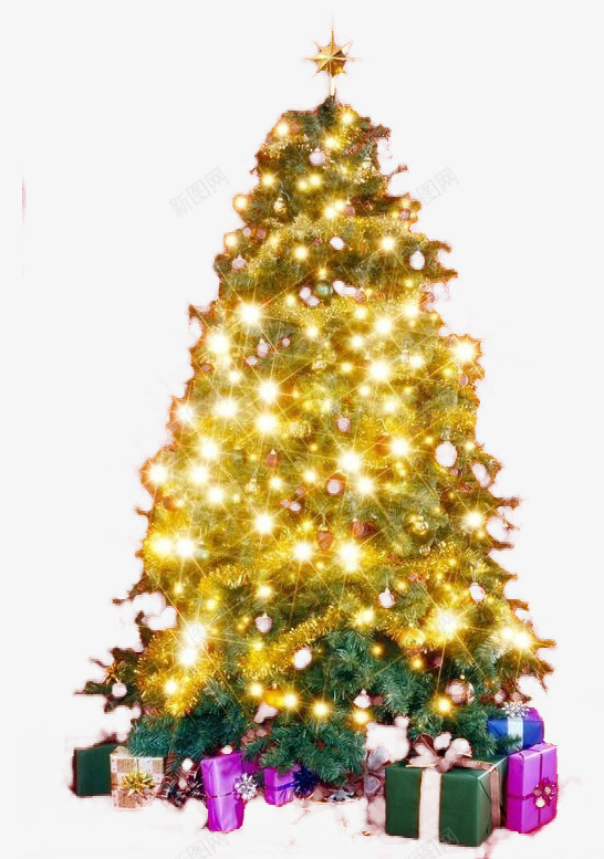 闪亮的金色圣诞树和礼物png免抠素材_88icon https://88icon.com 创意 发光 圣诞树 金色 闪亮
