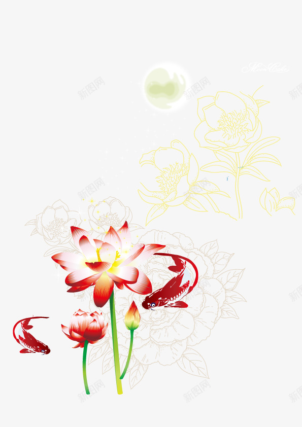 莲花和红鲤矢量图ai免抠素材_88icon https://88icon.com 手绘 花卉 荷花 鲤鱼 矢量图