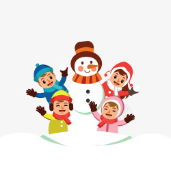 卡通堆雪人的四个儿童素材