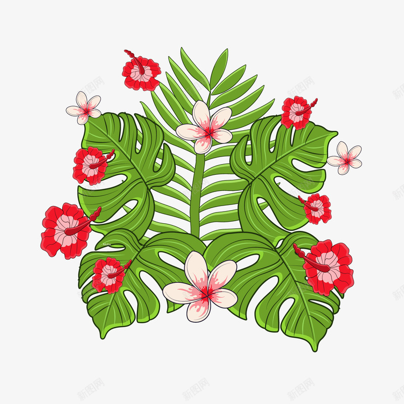 彩色夏威夷热带花卉树叶矢量图ai免抠素材_88icon https://88icon.com 卡通植物 夏威夷植物 夏季植物 小清新 红色花朵 绿色叶子 矢量图