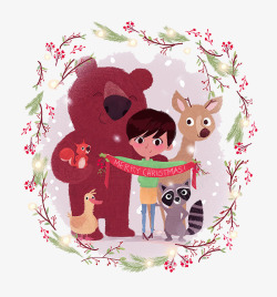小孩和动物圣诞贺卡海报