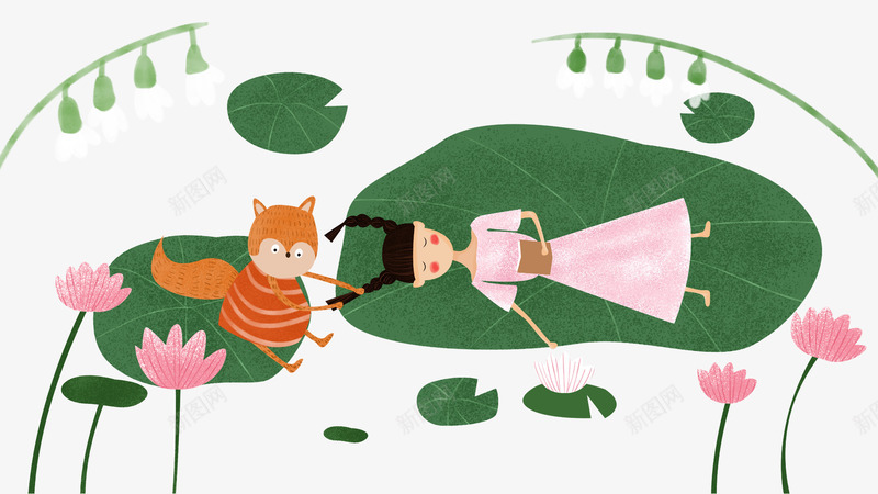 卡通手绘躺在荷叶上的女孩psd免抠素材_88icon https://88icon.com 卡通 卡通猫咪装饰 手绘 的女孩 粉色荷花装饰 绿色荷叶 躺在荷叶上