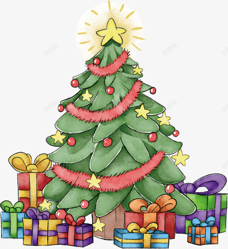 手绘圣诞树和礼物矢量图ai免抠素材_88icon https://88icon.com 卡通 圣诞树 圣诞节 手绘 点亮的圣诞树 礼物 礼盒 装饰 矢量图